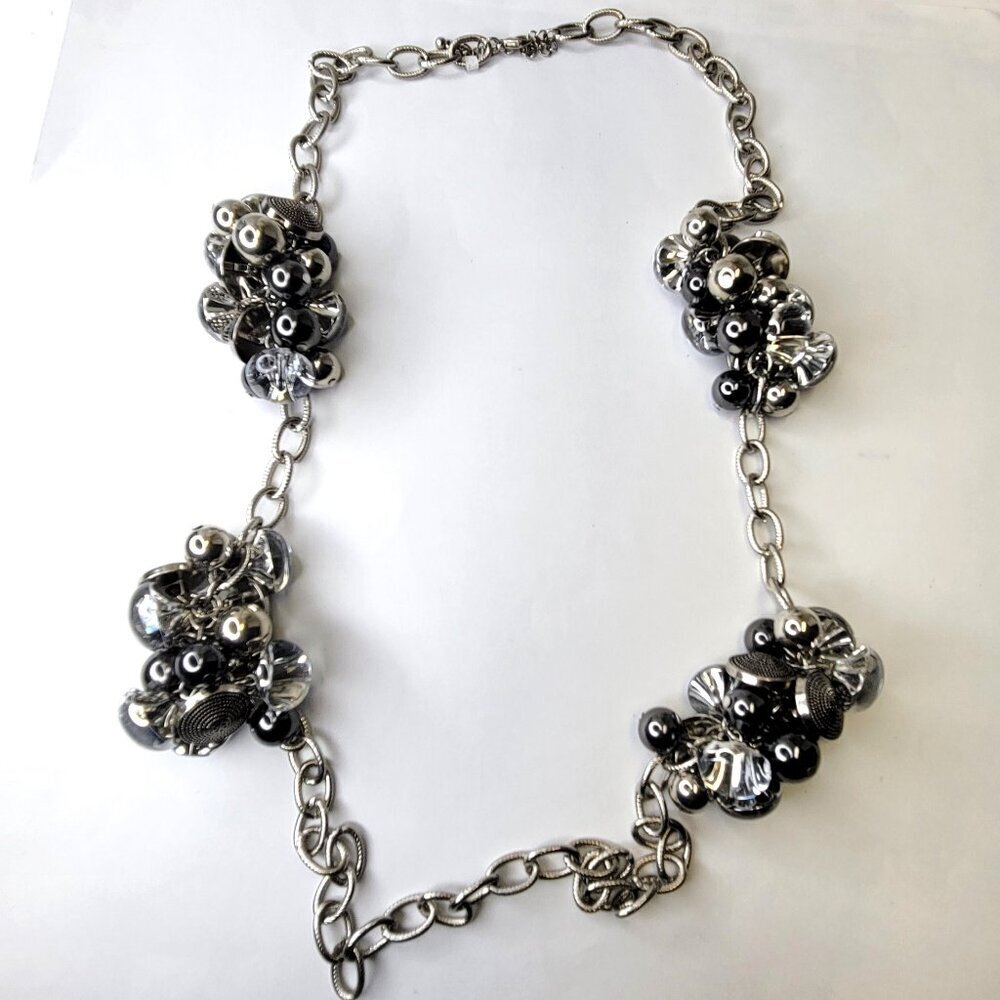 Silver Tone Crystal Buttons Beads Charms Clusters Necklace